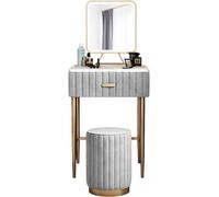 Ensemble de coiffeuse moderne avec miroir, table de maquillage avec tiroirs, tabouret rond rembourré, dessus en marbre et cadre en fer, station de maquillage grise de 60 cm pour chambres élégantes.