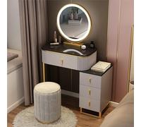 Ensemble de coiffeuse moderne avec miroirs lumineux et 4 tiroirs de rangement, coiffeuse élégante avec tabouret rembourré pour chambre de femmes et filles (50 cm C)
