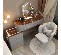 Ensemble de coiffeuse moderne avec station de charge sans fil, haut-parleur Bluetooth, 3 couleurs à intensité variable, miroir éclairé à 5 tiroirs, tabouret rembourré, parfait pour la décoration de la