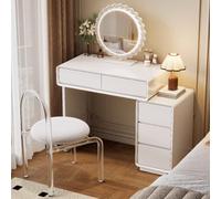 Ensemble de coiffeuse moderne blanc avec miroir rond LED et chaise, table de maquillage élégante pour petits espaces, coiffeuse en bois massif, 80 x 40 x 76 cm