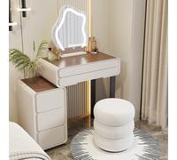 Ensemble de coiffeuse moderne gris avec miroir LED, tabouret de maquillage en bois, coiffeuse rembourrée avec tiroirs, design peu encombrant pour petites chambres