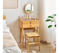 Ensemble de coiffeuse vintage en bois massif - Bureau de maquillage avec miroir, 2 tiroirs et tabouret - Design durable et robuste