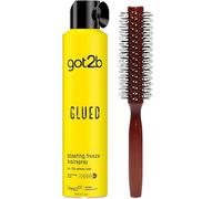 Ensemble de coiffure avec spray gel collé 300 ml et brosse ronde Amara - Laque forte tenue pour femmes et hommes, brosse coiffante résistante à la chaleur pour volume et brillance