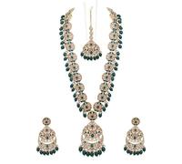 Ensemble de collier long Chandbali plaqué Mehandi avec émeraude Glow Reverse AD Stone (Vert), métal, sans pierre précieuse