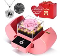 Ensemble de collier rose véritable préservée avec boîte lumineuse et collier en 100 langues « I Love You » - Cadeau de fête des mères pour maman, fleurs romantiques pour épouse, petite amie, cadeau