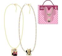 Ensemble de colliers Minnie Mouse 2 pièces pour filles | Bijoux pour enfants avec pendentifs Disney et perles brillantes dans une boîte décorative