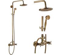 Ensemble de colonne de douche vintage en laiton antique avec pommeau de douche rond de 20,3 cm, système triple fonction, support extensible 80120 cm pour salle de bain de luxe.