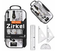 Ensemble de compas scolaire - 9 pièces de géométrie avec 2 compas, compas à crayon, règle, équerre, rapporteur, taille-crayon et mines de rechange dans une boîte de rangement, cadeau idéal (noir)