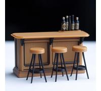 Ensemble de comptoir de bar miniature à l'échelle 1:12 | Bar et tabourets miniatures | Scène de pub de maison de poupée | Petit meuble de bar moderne Mini bar Diorama Cuivre Orange