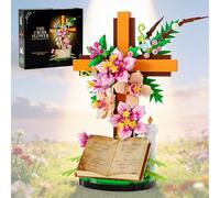 Ensemble de construction de fleurs de Jésus en forme de croix religieuse de Pâques, compatible avec les jouets de construction catholiques Lego Jésus, Pâques, chrétien, cadeaux pour mères, femmes ou