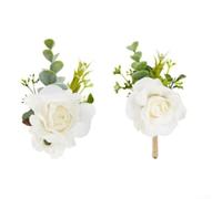 Ensemble de corsage et boutonnière avec rose artificielle avec verdure au toucher réaliste, bracelet de poignet réglable, épingle et clip de fixation pour événements formels (blanc)