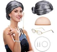Ensemble de Cosplay de Veille Dame, Chapeau de Perruque Mamie Chaînes de Lunettes Cordes de Fausse Perle Collier de Perles (Perruque Bun Gris)