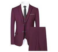 Ensemble de Costume 3 Pièces Coupe Régulière pour Hommes Pantalon Gilet Blazer d'affaires Slim Solide à Deux Boutons Costumes de Mariage Décontractés pour Garçons d'honneur (1 Button Rouge B1,XL)