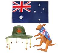 Ensemble de costume australien - Drapeau australien, chapeau en liège australien et kangourou gonflable marron - Ensemble d'accessoires de déguisement du Commonwealth de l'Australie