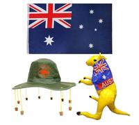 Ensemble de costume australien - Drapeau australien, chapeau en liège australien et kangourou jaune gonflable - Ensemble d'accessoires de déguisement du Commonwealth de l'Australie