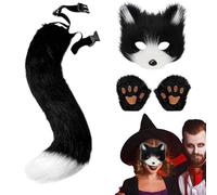 Ensemble de costume d'animal - Noir et blanc, tissu en peluche synthétique, masque animal réaliste, gants queue de fourrure | fêtes de jeu de rôle, spectacles de théâtre, événements de vacances