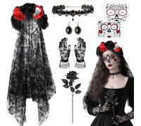 Ensemble de costume de mariée du jour des morts avec voile pour Halloween | Comprend un voile, un ras-de-cou, des boucles d'oreilles, des gants, une rose et des tatouages pour Halloween