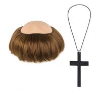 Ensemble de costume de moine 2 pièces, perruque à cheveux courts marron et | Pour cosplay, Halloween et fêtes rétro, soie haute température et bois massif noir