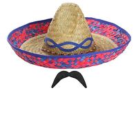 Ensemble de costume de sombrero mexicain - Lot de 1 - Chapeau de paille bleu et moustache mexicaine noire - Ensemble d'accessoires de déguisement de fête mexicaine