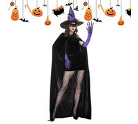Ensemble de costume de sorcière d'Halloween - Tenue complète de sorcière, cape à capuche et | Comprend un chapeau de sorcière, un manche à balai magique, un collier élégant, une perruque de sorcière