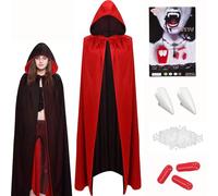 Ensemble de costume de vampire pour Halloween, cape avec capuche, crocs de vampire et faux sang, cape de vampiren noire et rouge, costumes de vampirer pour femme, capei de vampiren pour enfant
