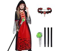 Ensemble de costume de vampire royal pour fille - Robe mystérieuse de vampire avec capuche, canne de reine vampir et collier en cristal, costume d'Halloween gothique victorien, robe,fête de carnaval