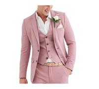 Ensemble de costume décontracté 3 pièces en lin pour homme avec veste et pantalon à deux boutons pour bal de fin d'année, mariage, dîner rose, rose, 54