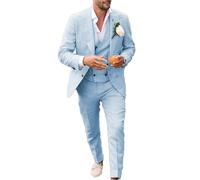 Ensemble de costume décontracté 3 pièces en lin pour homme, blazer coupe droite, veste gilet et pantalon pour bal de fin d'année, mariage, bleu clair, 50