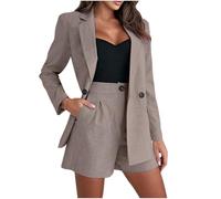 Ensemble de costume décontracté en coton pour femme - Couleur unie - 2 pièces avec blazer à manches longues et short pour le travail décontracté, marron, M