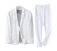 Ensemble de costume deux pièces en lin pour homme, coupe classique, décontracté, léger, style vintage, veste blazer et pantalon, blanc, taille M. Idéal pour la plage, les mariages et les témoins d'été