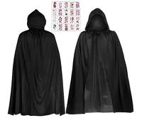 Ensemble de costume d'Halloween Cape noire à capuche Cape Costume Faucheuse avec 20 tatouages impériaux Halloween Costume de vampire pour Halloween Fête Cosplay Âge 4-12 ans (90 cm)