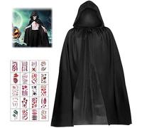 Ensemble de costume d'Halloween Cape noire à capuche Cape Costume Faucheuse avec 20 tatouages impériaux Halloween Costume de vampire pour Halloween Fête Cosplay Âge 4-12 ans (120 cm)
