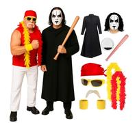 Ensemble de costume duo de lutteur des années 80 pour adultes - Veste plumeau XL, peinture pour le visage et chauve-souris gonflable, bandana rouge, lunettes jaunes, moustache blonde et boa rouge