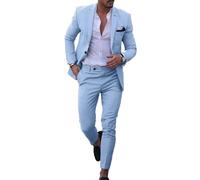 Ensemble de costume en lin pour homme décontracté smoking 2 pièces coupe régulière blazer un bouton veste unie et pantalon pour bal de fin d'année fête de mariage, bleu ciel, 50