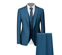 Ensemble de Costume Formel 3 Pièces pour Hommes Costumes de Smoking de Mariage Slim à 1 Bouton Revers Élégant Blazer de Fête d'affaires Gilet Pantalon (Bleu,L)