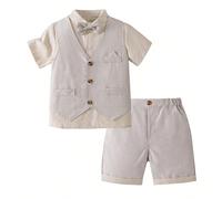 Ensemble de costume formel pour garçon pour la saison des mariages d'été, ensemble de smoking de gentleman kaki 3 pièces pour garçon, chemise à manches courtes + gilet avec nœud papillon + short, ense