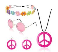 Ensemble de Costume Hippie,4Pièces Set d'Accessoires De Costume Hippie, Déguisement Hippie Femme avce Fleurie Bandeau Lunettes Hippie Boucles d'oreilles Collier Signe de Paix pour Fête Hippie Carnaval