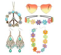 Ensemble de Costume Hippie 5 pièces, Accessoires de Déguisement Hippie pour Femmes des Années 60-70, Ensemble de Déguisement Comprenant des Lunettes de Soleil Vintage en Forme de Cœur, Collier Signe d