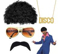 Ensemble de Costume Hippie, Hippie Perruques Costume Accessoires, Hippie Perruques Costume Accessoires Set, Avec Perruque Afro Funky,Moustache,Lunette, Collier Pour Carnaval Fête à Thème Disco