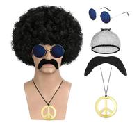 Ensemble de costume hippie, perruque afro, lunettes de soleil originales, collier symbole de la paix, moustache de robinet autocollante pour carnaval