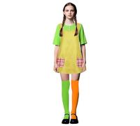 Ensemble de costume long pour femme - Robe Pippi, tablier et bas orange vert, personnage de livre pour adultes, costume de Pippi pour Halloween