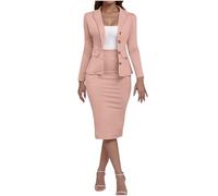 Ensemble de costume pour femme avec blazer avec jupe - Élégant - Pour le bureau - Ensemble uni à revers - Manches longues - Veste et pantalon - Ensemble 2 pièces - Costume élégant, rose, 3XL
