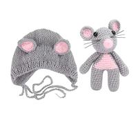 Ensemble de costume tricoté pour nouveau-né, accessoires de photographie faits main au crochet, comprenant un bonnet en laine douce et une petite souris assortie, idéal pour les (Gris clair)