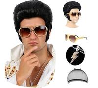 Ensemble de costumes à bascule des années 50, 4 pièces, perruque de style Elvis Presley avec lunettes de soleil et collier, tenue de fête de cosplay d'Halloween pour hommes adultes Lunettes