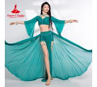 Ensemble de costumes de danse du ventre pour femmes, haut à demi-manches + jupe longue en maille avec pierres AB, 2 pièces, vêtements de danse du ventre orientale pour adultes vert