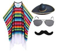 Ensemble De Costumes De Fête Mexicaine pour Adultes Comprenant Un Poncho Mexicain Serape, Un Chapeau Sombrero, des Lunettes De, Une Moustache, Un Accessoire De Costume Cinco De Mayo
