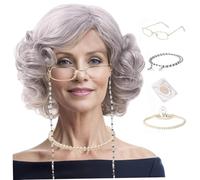 Ensemble de costumes de grand-mère 4 pièces, ensemble perruques vieille dame comprenant une perruque grise bou grand-mère, un collier perles, des lunettes avec chaîne et un bonnet pou