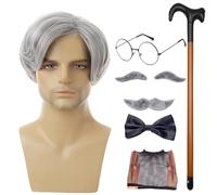Ensemble de costumes de grand-père - Wig Old Man réaliste | Le kit de cosplay complet de 8pcs comprend une canne à pied avec des moustaches et des sourcils, des lunettes et des nœuds papillon pour les