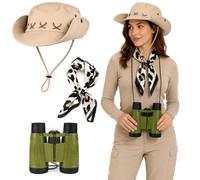 Ensemble de costumes de safari pour femme - 3 pièces Halloween Explorers | Kit de tenue avec chapeau, écharpe et jumelles camouflage, accessoires pour femmes pour aventures en plein air, carnaval