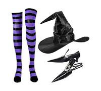 Ensemble de costumes de sorcier d'Halloween - pour le cosplay féminin, couvertures de chaussures pointues, rayures rayées, chapeau de sorcellerie en fil | 3 pièces tenues de fête de